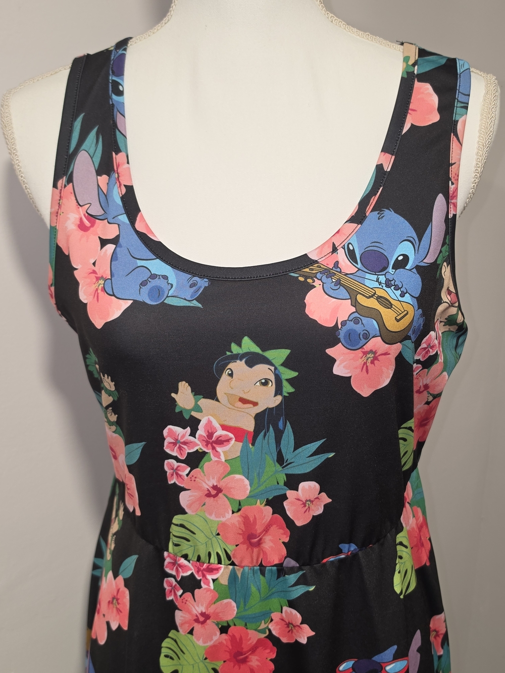 Disney Lilo & Stitch Black Tropical Scoop Neck Stretchy Mini Dress Womens XL - Picture 2 of 7
